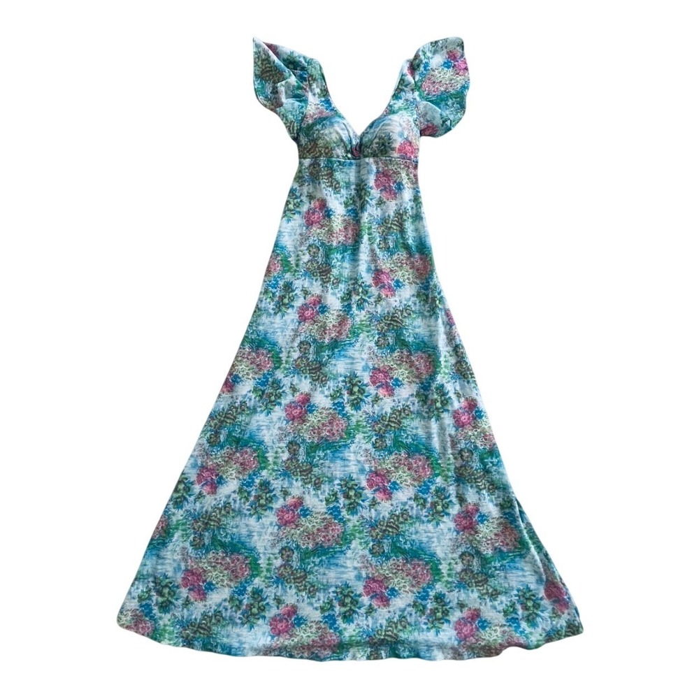 Vintage Floral Maxi Dress Womens Small Blue Pink Flutter Sleeve Empire Waist